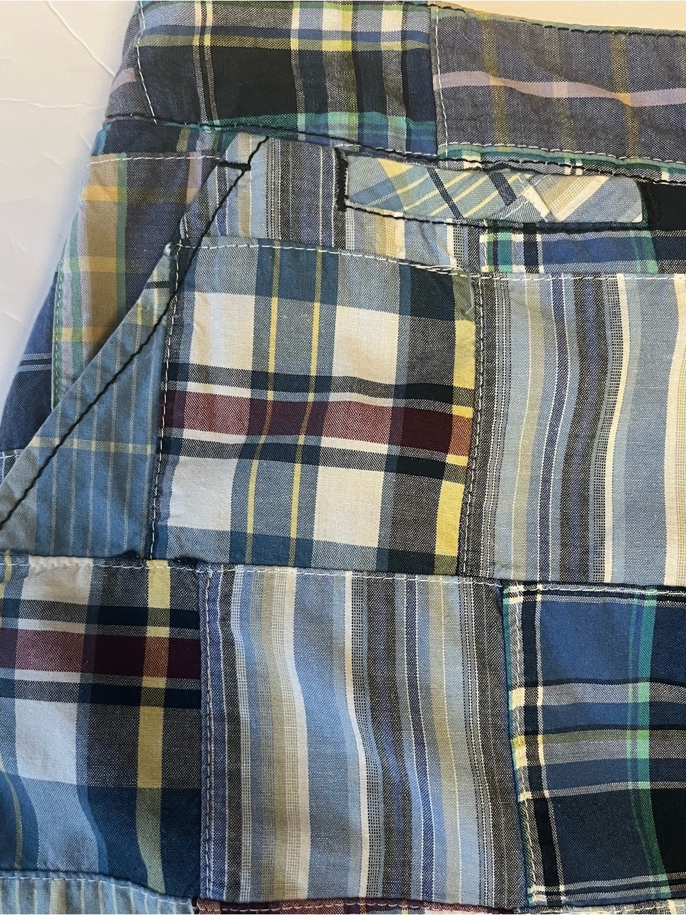 Vintage Y2K Larry Levine Preppy Mini Skirt Madras Blue Plaid Patchwork Cotton 10 - Picture 4 of 13